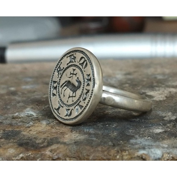 Men's Artisan Stamp Viking Runes Wolf Sword Norse Sterling Silver Signet Ring - Picture 2 of 3